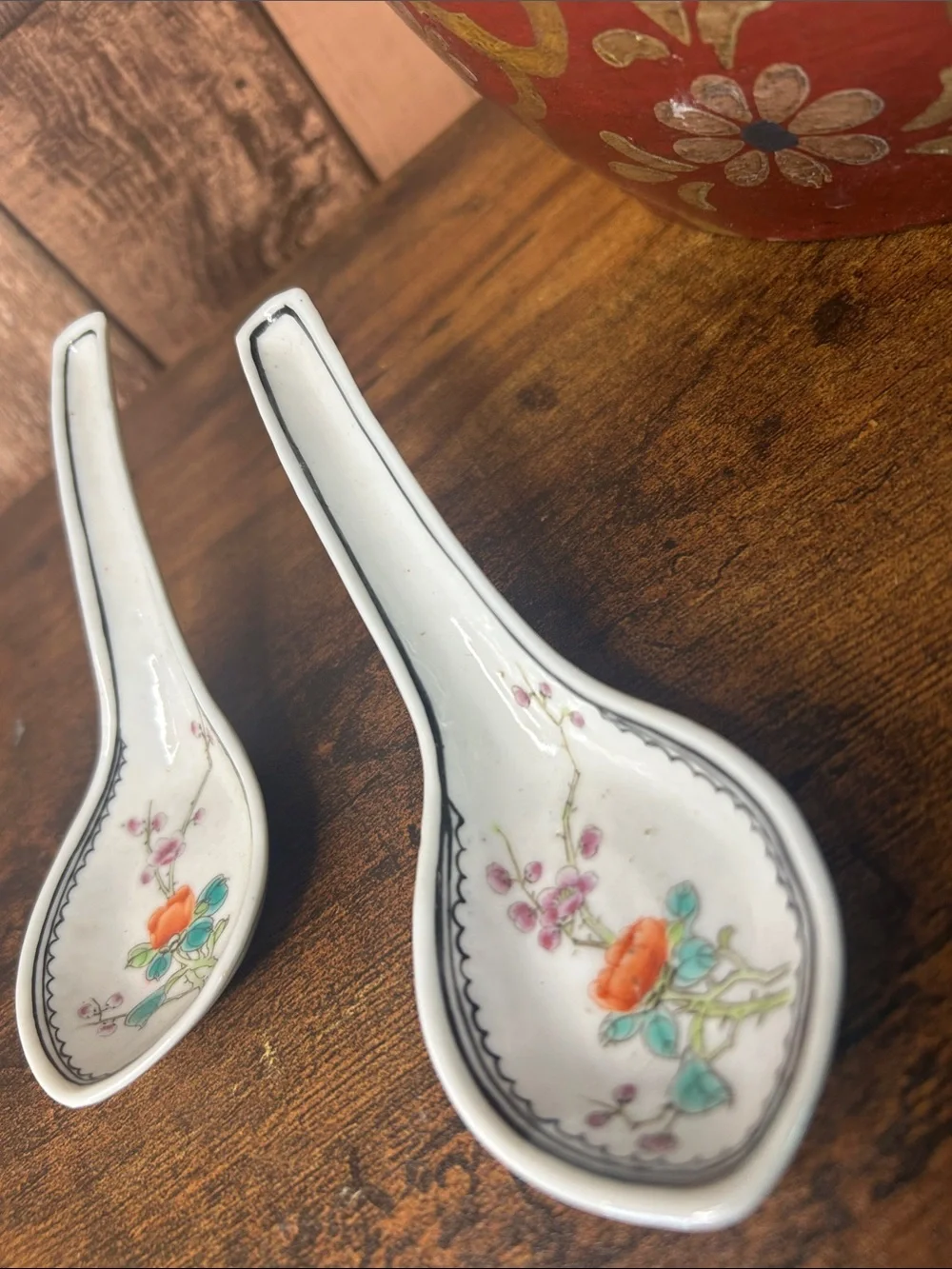 Porcelain Floral Soup Spoons - White with Orange Floral Accent